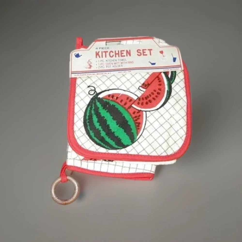 Vtg 80s Kitchen Linen Set 4 Piece Watermelon Towel Pot Holders Oven Mitt Whimsy